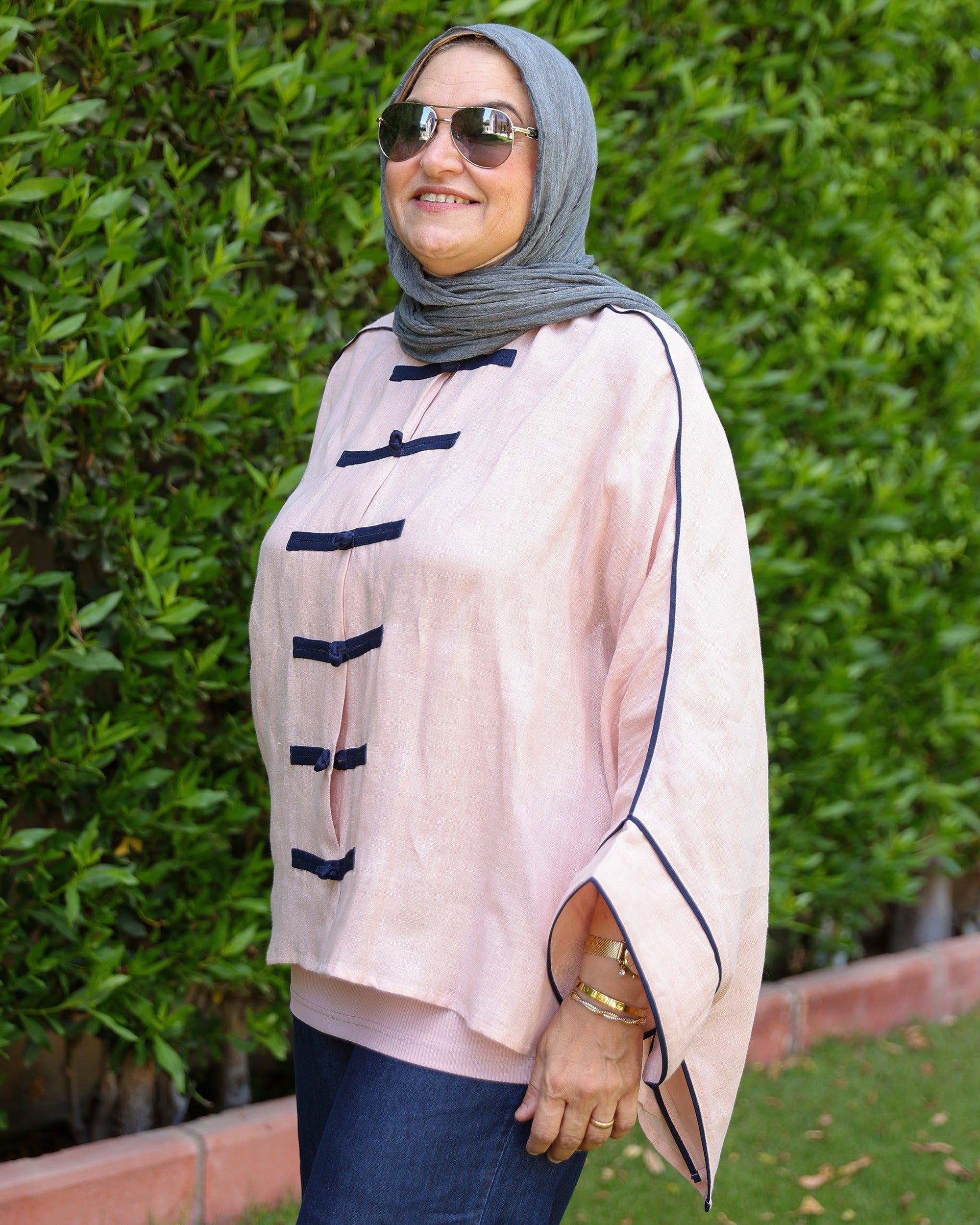 Banfseg Chinese Linen Blouse - Blush Pink - Side