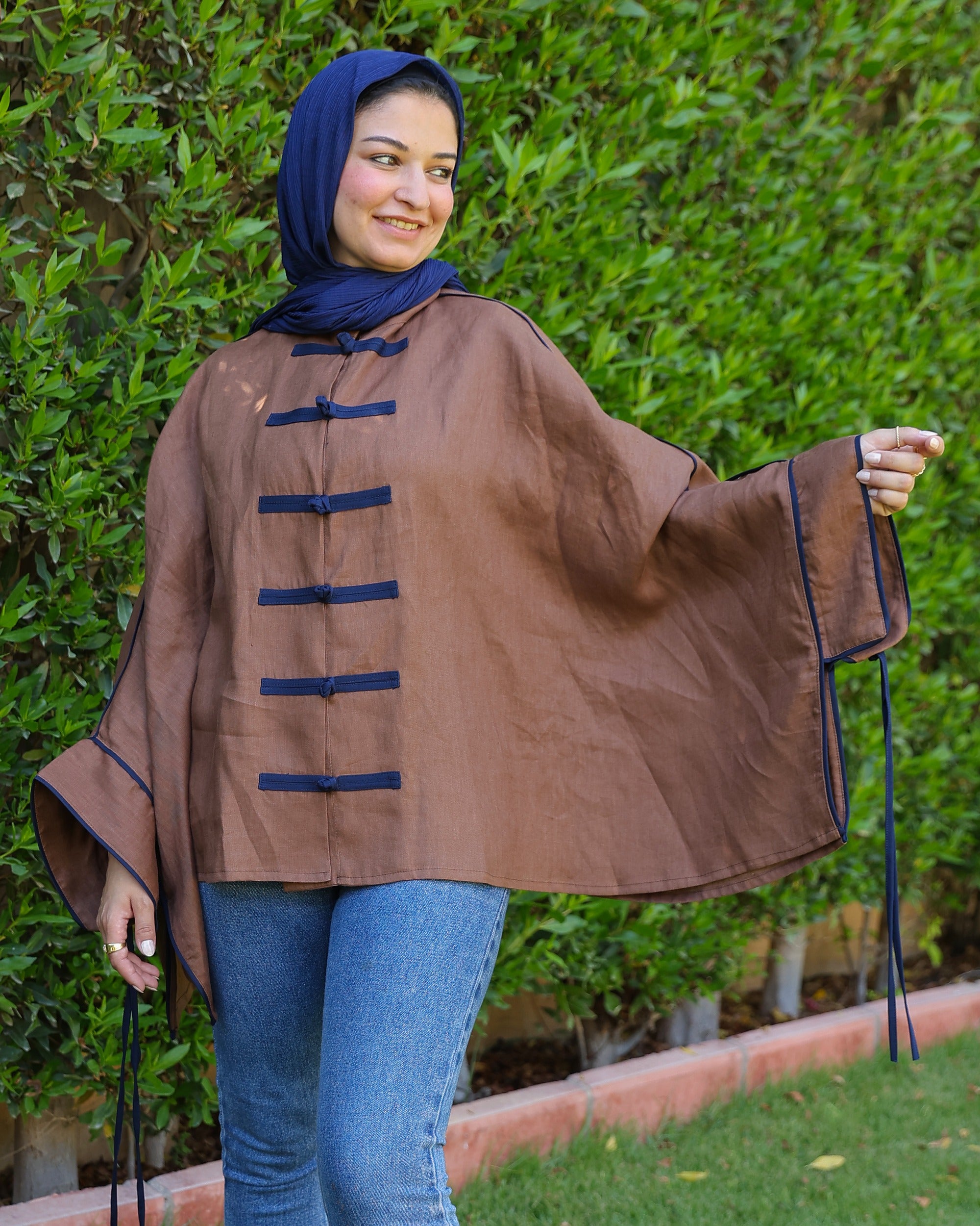 Banfseg Chinese Linen Blouse - Brown - Full Body