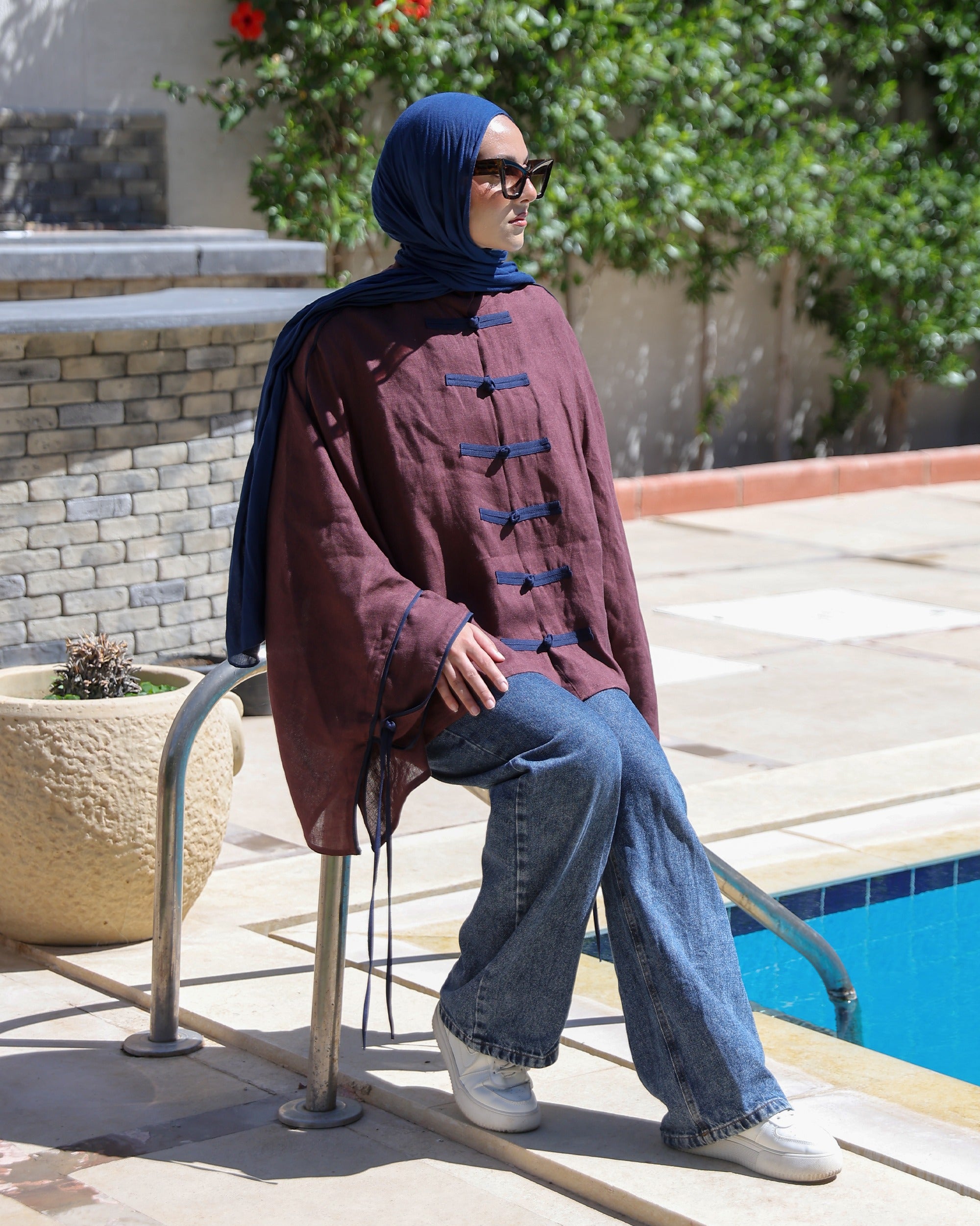 Banfseg Chinese Linen Blouse - Burgundy - Pool