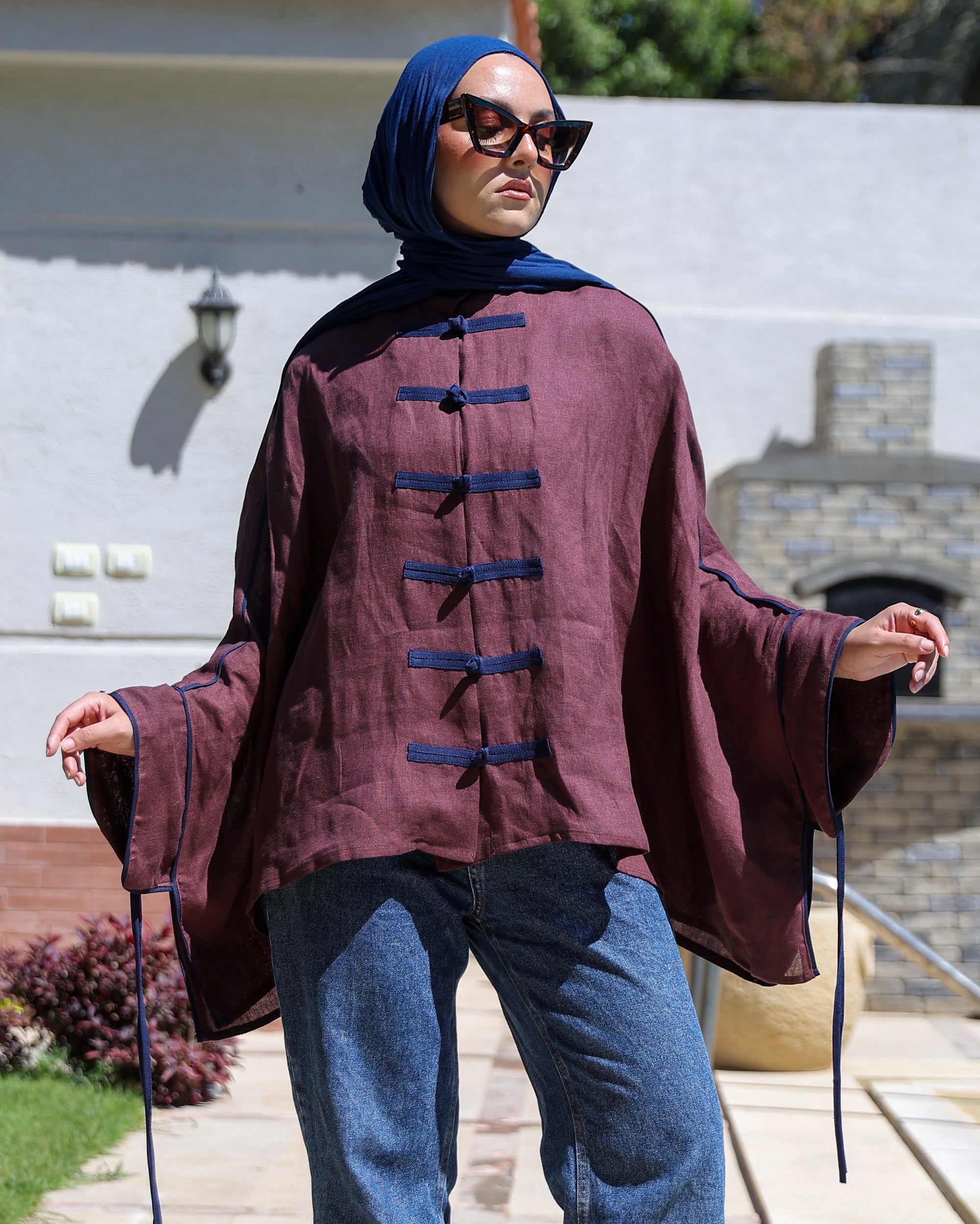 Banfseg Chinese Linen Blouse - Burgundy - Full Body