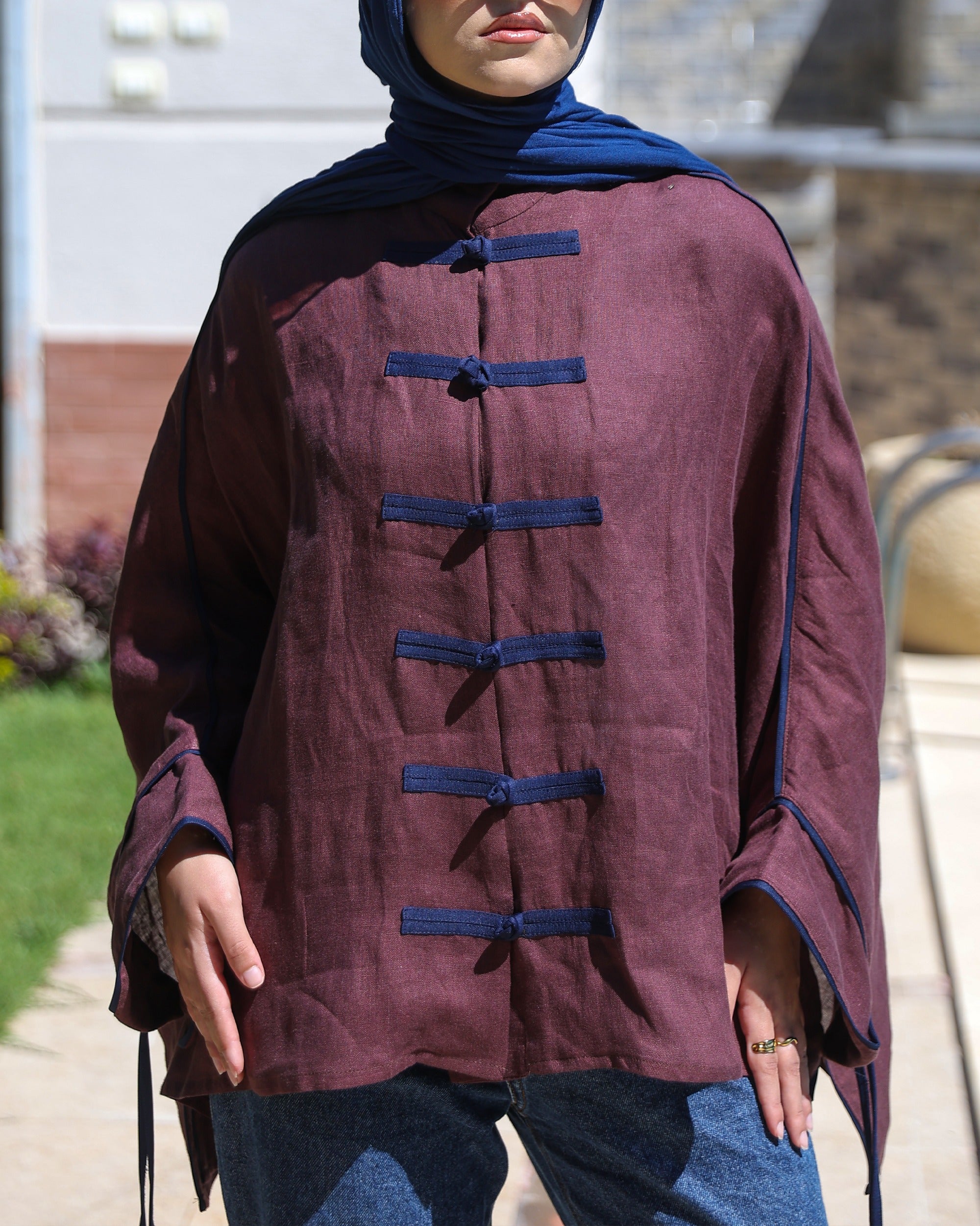 Banfseg Chinese Linen Blouse - Burgundy - Seated