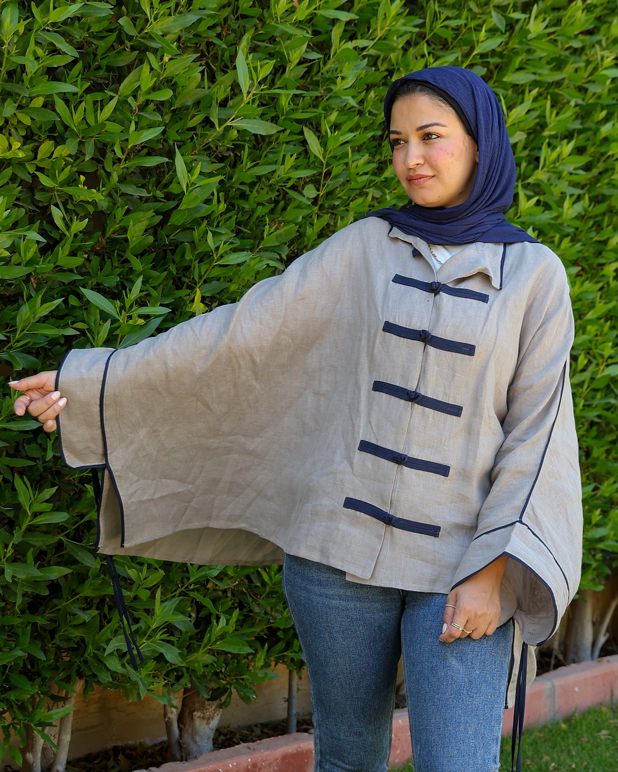 Banfseg Chinese Linen Blouse - Grey - Full Body