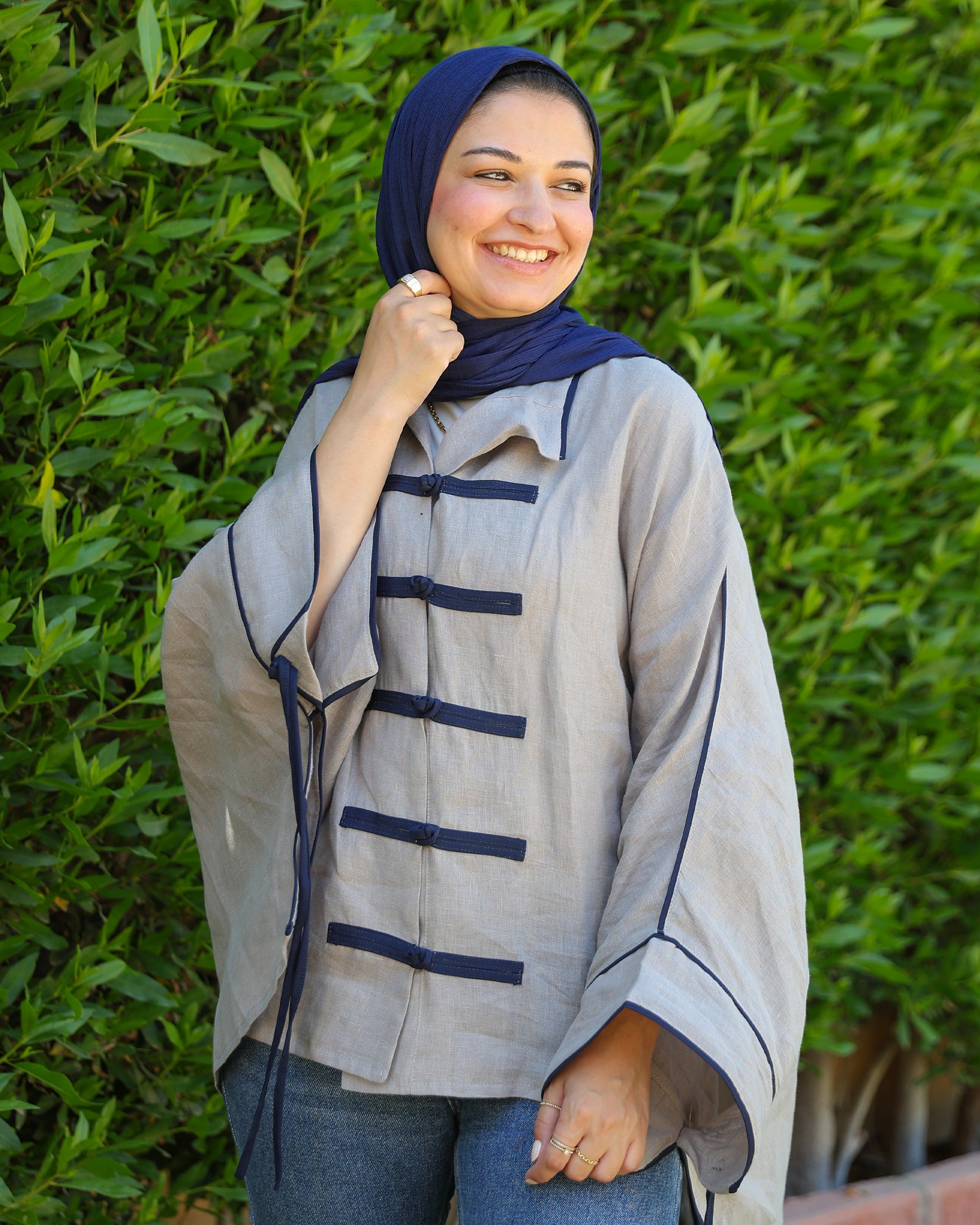 Banfseg Chinese Linen Blouse - Grey - Smiling