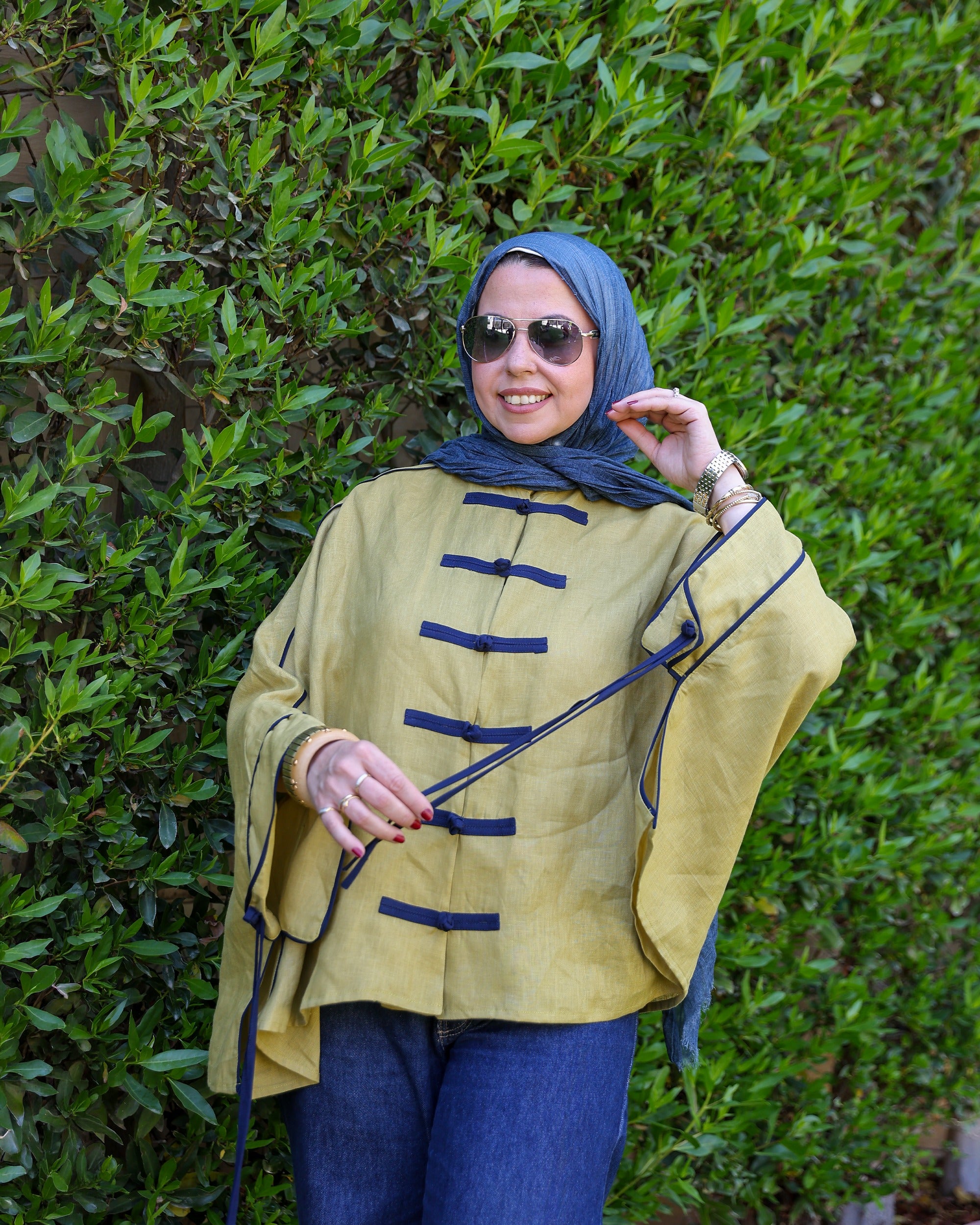 Banfseg Chinese Linen Blouse - Olive - Close