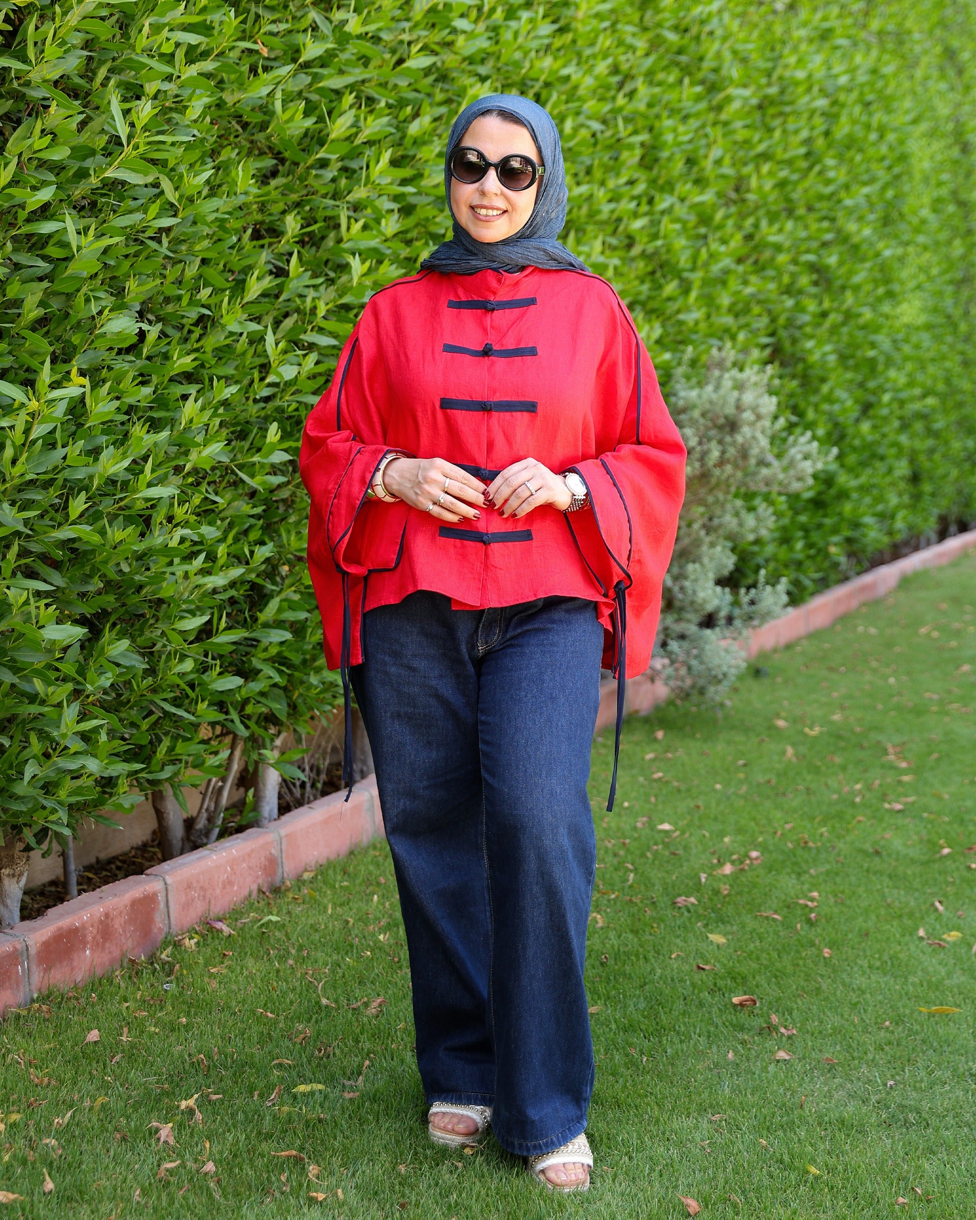 Banfseg Chinese Linen Blouse - Red - Full Body