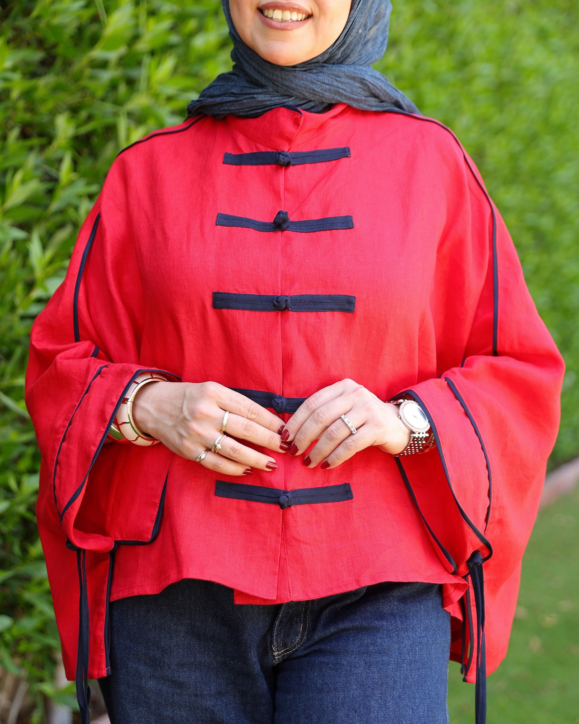 Banfseg Chinese Linen Blouse - Red - Close Up