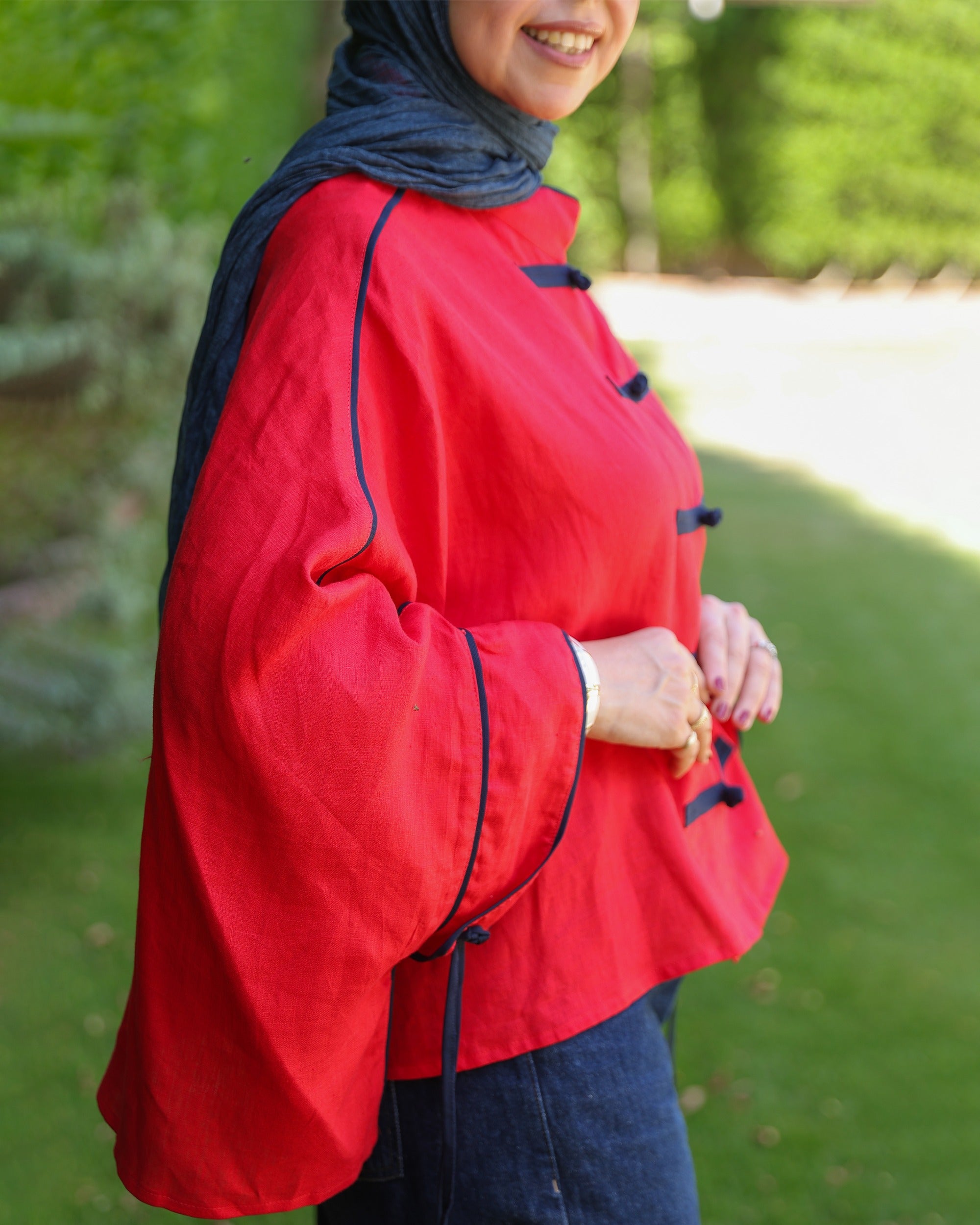 Banfseg Chinese Linen Blouse - Red - Side View