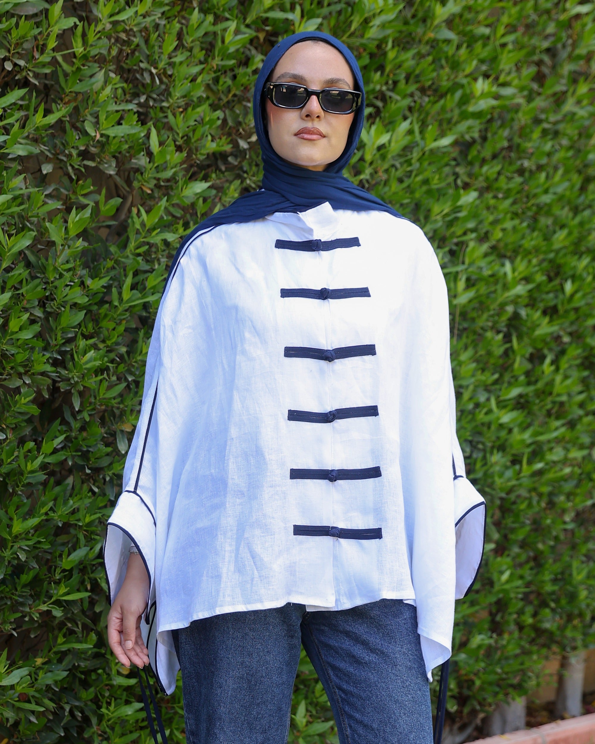 Banfseg Chinese Linen Blouse - White - Standing