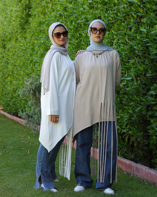 Narges Fringe Tunic - Beige and White - Duo